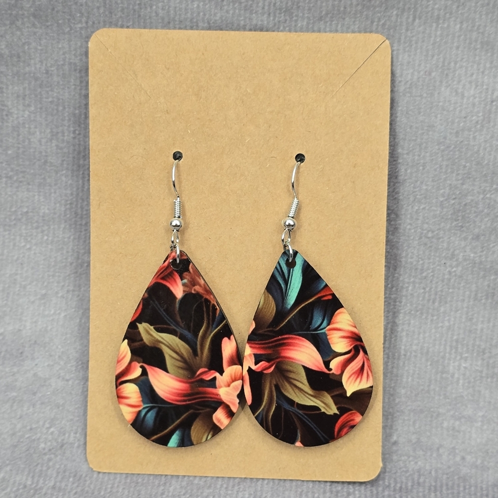 Black‎ Teardrop Floral Hook Handmade Earrings #JB1E5